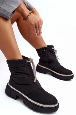 Damskie Boto Zdobione Śniegowce Na Płaskim Obcasie Czarne Plotia