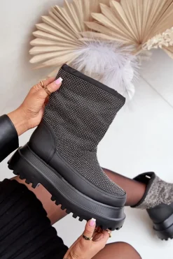 Sale Boto Zdobione Śniegowce Na Platformie I Płaskim Obcasie Czarne Avivina