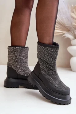 Sale Boto Zdobione Śniegowce Na Platformie I Płaskim Obcasie Czarne Avivina