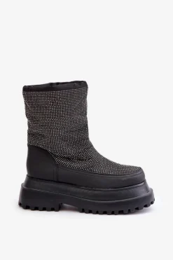 Sale Boto Zdobione Śniegowce Na Platformie I Płaskim Obcasie Czarne Avivina