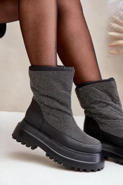 Sale Boto Zdobione Śniegowce Na Platformie I Płaskim Obcasie Czarne Avivina