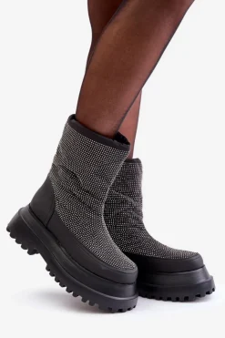 Sale Boto Zdobione Śniegowce Na Platformie I Płaskim Obcasie Czarne Avivina