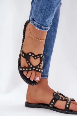 Best Boto Zdobione Płaskie Klapki Damskie Czarne Adivrae Czarny