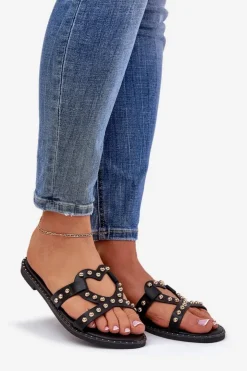 Best Boto Zdobione Płaskie Klapki Damskie Czarne Adivrae Czarny