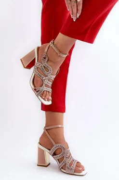 Damskie Damskie buty S.Barski Zdobione Sandały Damskie Na Słupku D&A CR952 Różowe