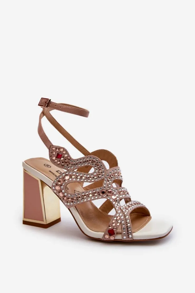 Damskie Damskie buty S.Barski Zdobione Sandały Damskie Na Słupku D&A CR952 Różowe