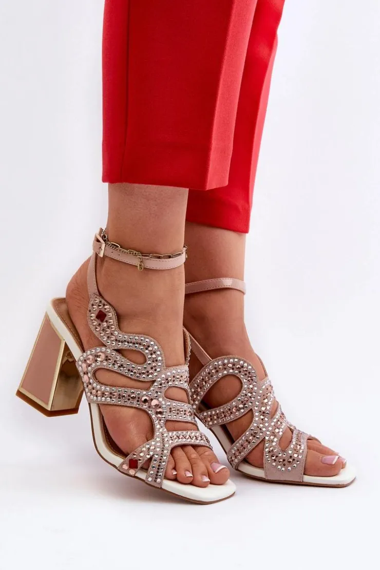 Damskie Damskie buty S.Barski Zdobione Sandały Damskie Na Słupku D&A CR952 Różowe