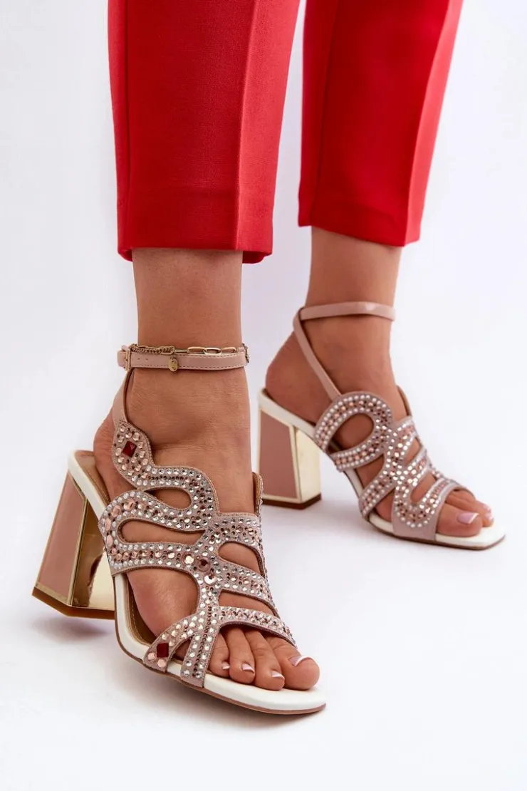 Damskie Damskie buty S.Barski Zdobione Sandały Damskie Na Słupku D&A CR952 Różowe