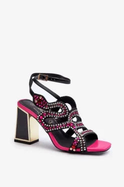 Damskie buty S.Barski Zdobione Sandały Damskie Na Słupku D&A CR952 Czarne Czarny