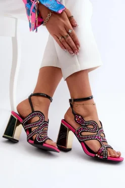 Damskie buty S.Barski Zdobione Sandały Damskie Na Słupku D&A CR952 Czarne Czarny