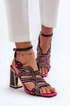 Damskie buty S.Barski Zdobione Sandały Damskie Na Słupku D&A CR952 Czarne Czarny