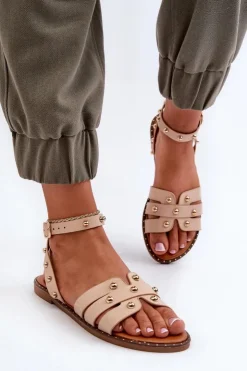 Boto Sandały Płaskie*Zdobione Sandały Damskie Na Płaskim Obcasie Beżowe Ianaera