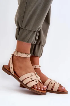 Boto Sandały Płaskie*Zdobione Sandały Damskie Na Płaskim Obcasie Beżowe Ianaera