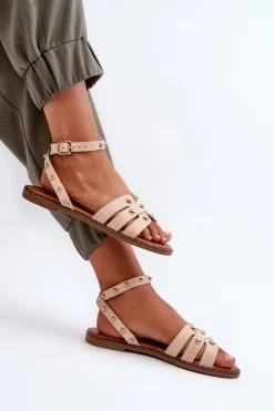 Boto Sandały Płaskie*Zdobione Sandały Damskie Na Płaskim Obcasie Beżowe Ianaera