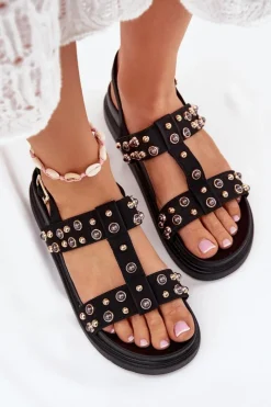 Boto Zdobione Sandały Damskie Na Platformie Czarne Mailisa
