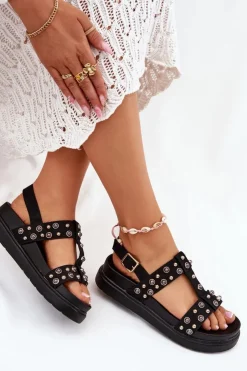 Boto Zdobione Sandały Damskie Na Platformie Czarne Mailisa
