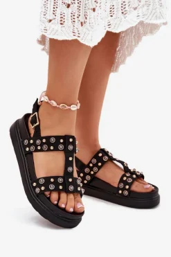 Boto Zdobione Sandały Damskie Na Platformie Czarne Mailisa