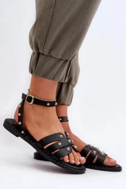 Best Boto Zdobione Sandały Damskie Na Płaskim Obcasie Czarne Ianaera