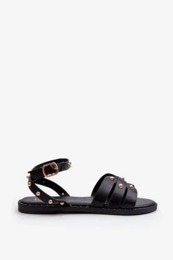 Best Boto Zdobione Sandały Damskie Na Płaskim Obcasie Czarne Ianaera