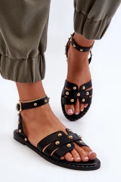 Best Boto Zdobione Sandały Damskie Na Płaskim Obcasie Czarne Ianaera