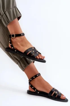 Best Boto Zdobione Sandały Damskie Na Płaskim Obcasie Czarne Ianaera