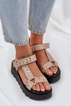 New Boto Zdobione Sandały Na Platformie Beżowe Tatellia Beżowy