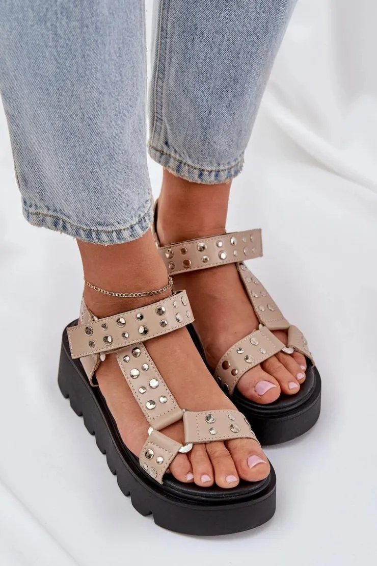 New Boto Zdobione Sandały Na Platformie Beżowe Tatellia Beżowy