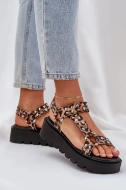 Boto Sandały Płaskie*Zdobione Sandały Na Platformie Panterka Brązowe Tatellia Brązowy