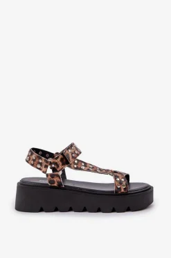 Boto Sandały Płaskie*Zdobione Sandały Na Platformie Panterka Brązowe Tatellia Brązowy