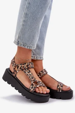 Boto Sandały Płaskie*Zdobione Sandały Na Platformie Panterka Brązowe Tatellia Brązowy