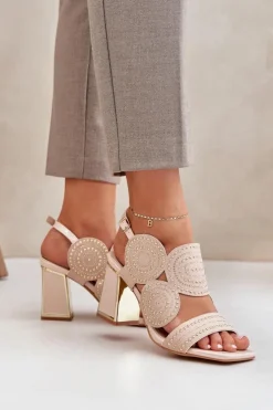 Boto Sandały Na Słupku|Sandały Z Cholewką*Zdobione Sandały Na Słupku Beżowe Delariona
