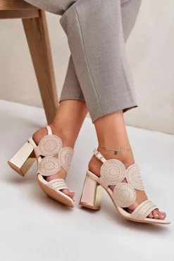 Boto Sandały Na Słupku|Sandały Z Cholewką*Zdobione Sandały Na Słupku Beżowe Delariona