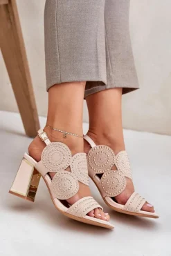 Boto Sandały Na Słupku|Sandały Z Cholewką*Zdobione Sandały Na Słupku Beżowe Delariona