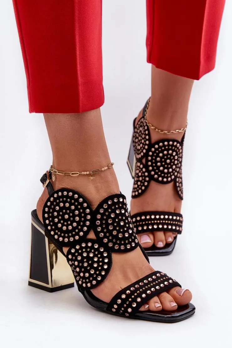 Damskie buty S.Barski Sandały Na Obcasie*Zdobione Sandały Na Słupku D&A CR026 Czarne