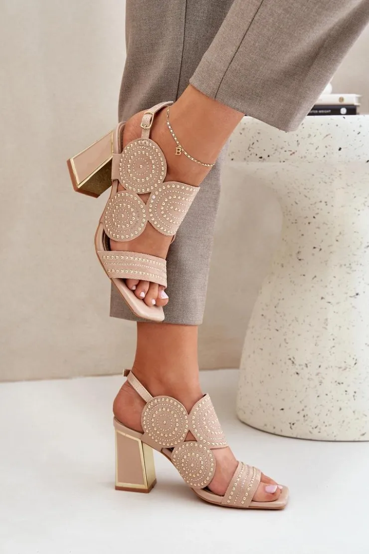 Damskie Boto Zdobione Sandały Na Słupku Ciemnobeżowe Delariona