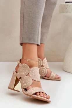 Damskie Boto Zdobione Sandały Na Słupku Ciemnobeżowe Delariona