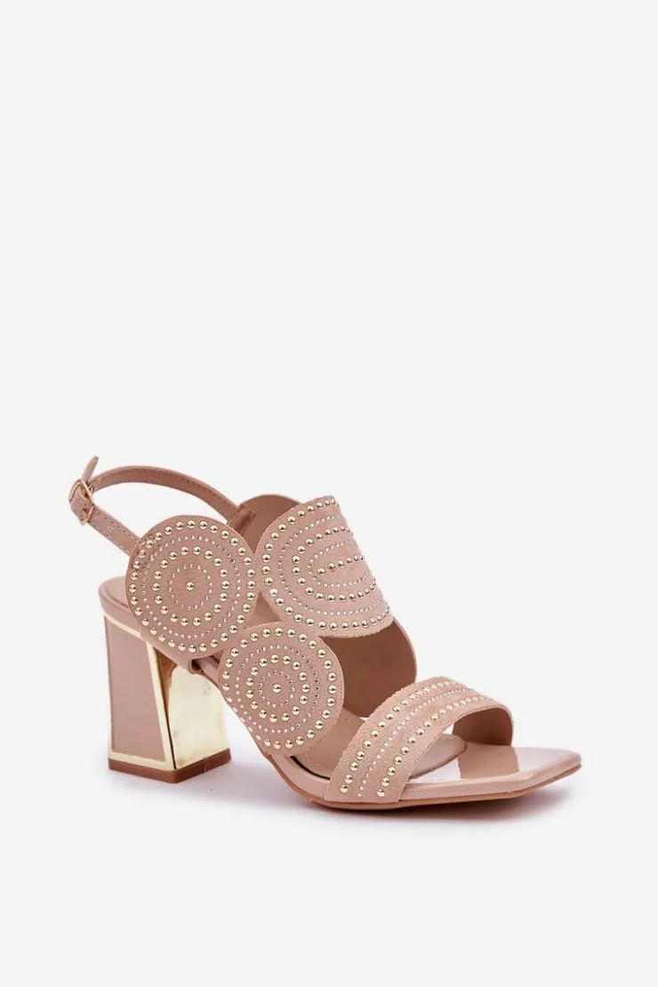 Damskie Boto Zdobione Sandały Na Słupku Ciemnobeżowe Delariona