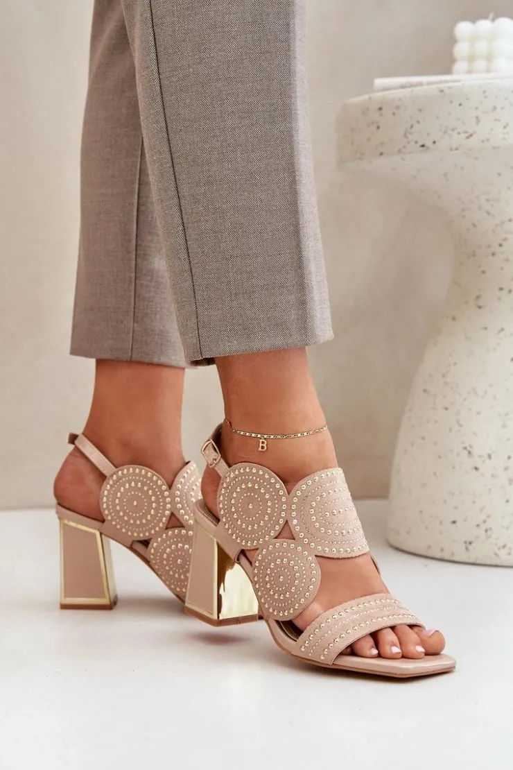 Damskie Boto Zdobione Sandały Na Słupku Ciemnobeżowe Delariona