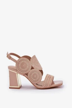 Damskie Boto Zdobione Sandały Na Słupku Ciemnobeżowe Delariona