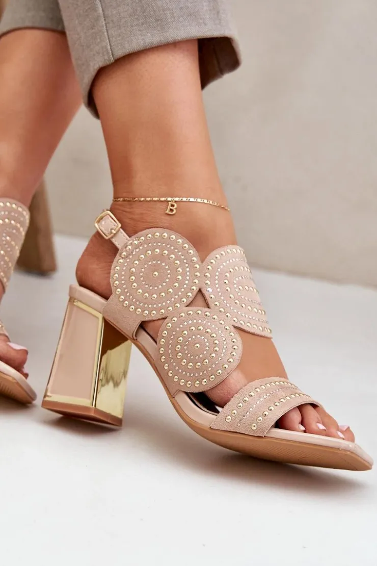 Damskie Boto Zdobione Sandały Na Słupku Ciemnobeżowe Delariona