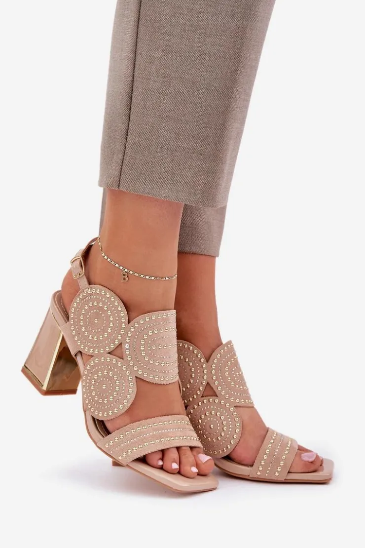 Damskie Boto Zdobione Sandały Na Słupku Ciemnobeżowe Delariona