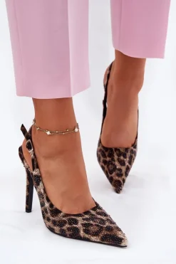 Damskie Boto Zdobione Sandały Na Szpilce Panterka Beżowo-Czarne Kemonia