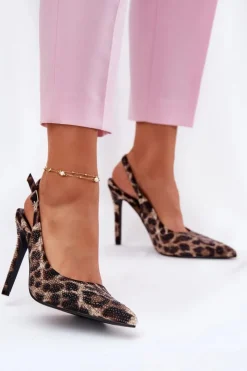 Damskie Boto Zdobione Sandały Na Szpilce Panterka Beżowo-Czarne Kemonia