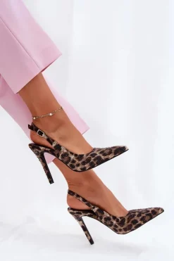Damskie Boto Zdobione Sandały Na Szpilce Panterka Beżowo-Czarne Kemonia