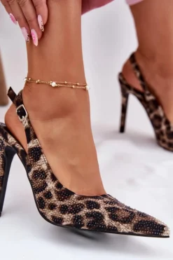 Damskie Boto Zdobione Sandały Na Szpilce Panterka Beżowo-Czarne Kemonia