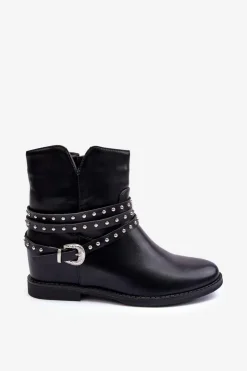 Damskie Boto Zdobione Skórzane Botki Damskie Na Płaskim Obcasie Czarne Adkrana