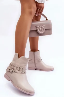 Boto Czarne Botki|Brązowe I Beżowe Botki*Zdobione Skórzane Botki Damskie Na Płaskim Obcasie Beżowe Adkrana