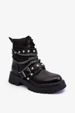 New Boto Zdobione Skórzane Damskie Botki Workery Czarne Sibenna