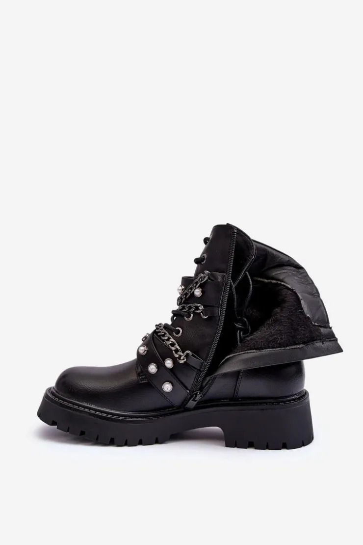 New Boto Zdobione Skórzane Damskie Botki Workery Czarne Sibenna