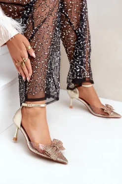 Boto Czółenka Klasyczne*Zdobione Szpilki Z Kokardą Złote Laviri